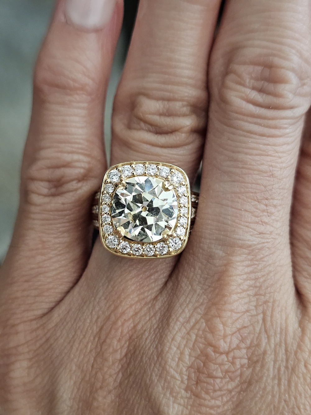 18k Yellow Gold Halo Cushion Ring with GIA 4.5 Old Euro Center Stone